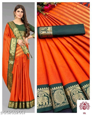 Paramparik Textile Solid/Plain Paithani Cotton Silk, Jacquard Saree(Orange)