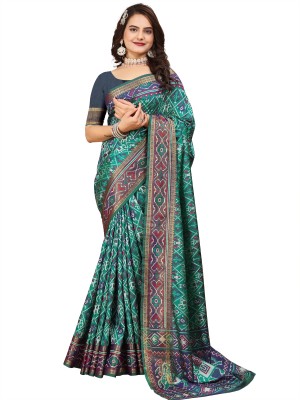 krd fashion Printed Patola Silk Blend Saree(Blue)