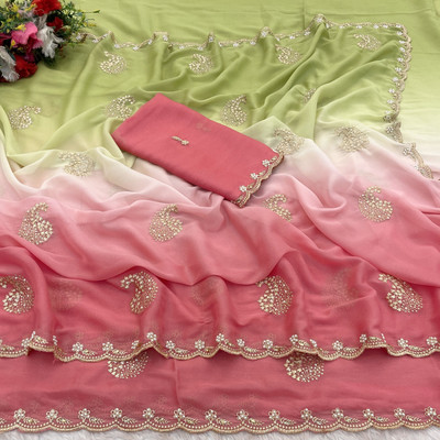 Ethina Fashion Embroidered Bollywood Georgette Saree(Pink, Green)