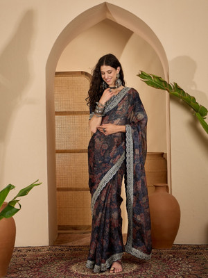 Vichitra Floral Print Bollywood Chiffon Saree(Multicolor)