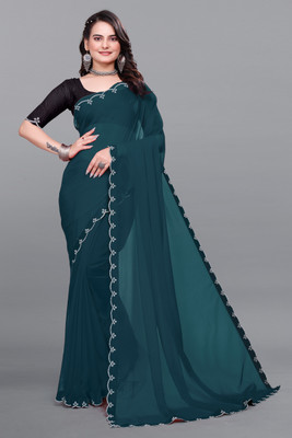 Labheshwari Solid/Plain Bollywood Georgette Saree(Light Blue)