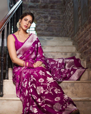 yanish Floral Print, Woven Banarasi Cotton Silk Saree(Purple)