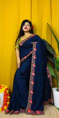 veerlaxmi Embroidered Saree with Attached Blouse Cotton Silk Saree(Blue)