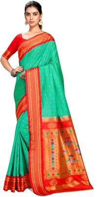 Varkala Silk Sarees Woven Paithani Silk Blend Saree(Green)