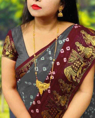 ZENFAB THREADS Woven Kanjivaram Crepe, Silk Blend Saree(Grey, Maroon)