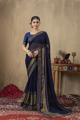 FAIRYPINK Solid/Plain, Self Design, Embellished, Dyed Bollywood Georgette Saree(Blue)