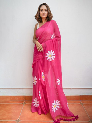 makalitraders Printed Handloom Pure Cotton Saree(Pink)