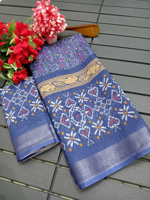Mervadiya Printed Kanjivaram Linen, Cotton Linen Saree(Blue)