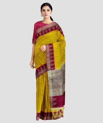 Pbs Prints Temple Border, Solid/Plain Bollywood Cotton Silk Saree(Mustard)