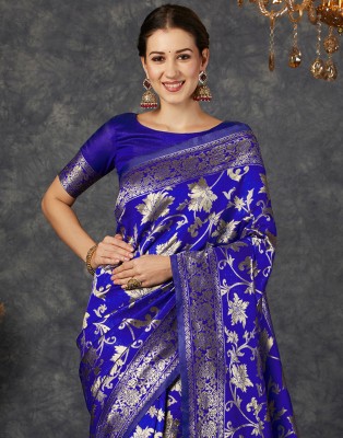 Samah Woven, Self Design Kanjivaram Silk Blend, Jacquard Saree(Dark Blue, Gold)