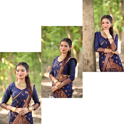 collctionmekhla Woven Mekhela Chador Pure Silk Saree(Dark Blue)