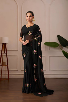 SILKORA Embroidered Bollywood Georgette Saree(Black)