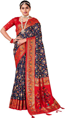 Akhilam Printed Patola Silk Blend Saree(Dark Blue)