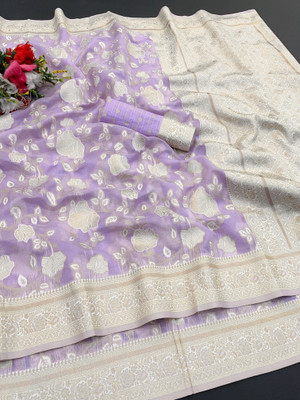 AAINA CREATION Floral Print Bollywood Tissue Saree(Purple, White)