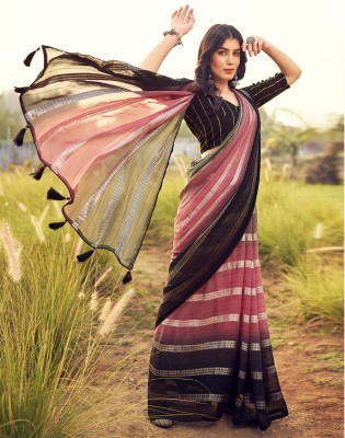 Satrani Embroidered, Woven, Striped Bollywood Georgette Saree(Black, Pink, Green)