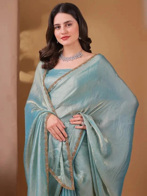 AVANSHEE Solid/Plain Bollywood Tissue, Pure Silk Saree(Light Blue)