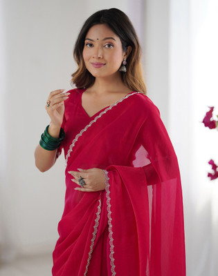 Satrani Embellished, Embroidered Bollywood Jimmy choo, Chiffon Saree(Pink)
