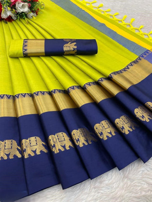 NST5 Woven Maheshwari Pure Cotton Saree(Yellow, Dark Blue)