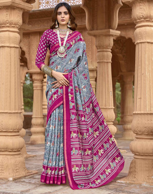 Satrani Printed Daily Wear Cotton Blend Saree(Grey)