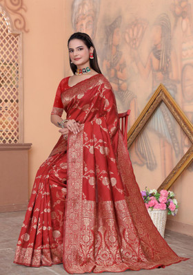 preyufashion Woven Banarasi Art Silk, Jacquard Saree(Red)