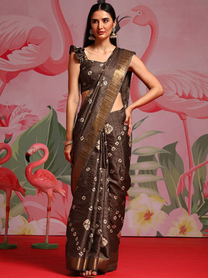 Anouk Rustic Printed Bandhani Silk Blend Saree(Brown)