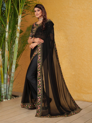 Dharvee fashion Embroidered, Floral Print Bollywood Georgette Saree(Black)