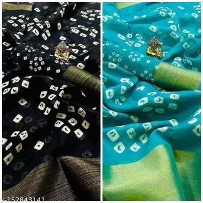 Grubstaker Printed Bandhani Cotton Linen Saree(Pack of 2, Multicolor)