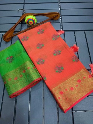 Saaransh Embellished, Woven Kanjivaram Pure Cotton, Art Silk Saree(Red)