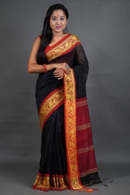 Joyguru Textile Woven Handloom Cotton Silk Saree(Black)