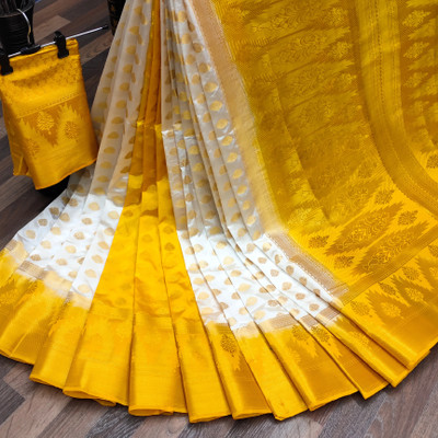 RAGHUNANDAN EXIM Woven Banarasi Nylon Saree(White, Yellow)