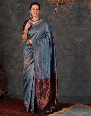 SIRIL Self Design, Woven, Embellished Kanjivaram Silk Blend, Jacquard Saree(Blue, Gold)