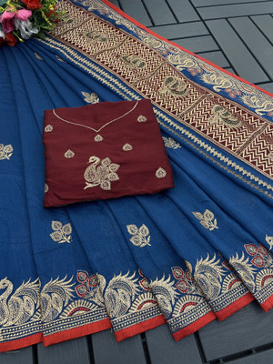CHAMUNDA CREATION Embroidered Bollywood Pure Silk Saree(Dark Blue)
