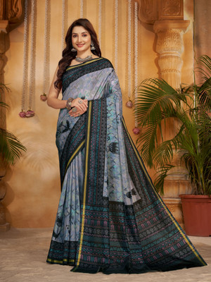 Rudrakala Digital Print, Floral Print, Geometric Print, Graphic Print, Self Design Bollywood Crepe, Silk Blend Saree(Black, Blue)