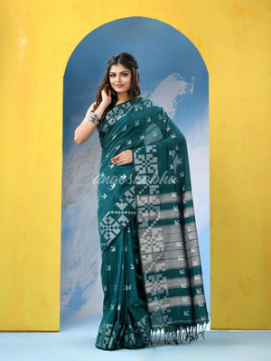 Roy saree center Geometric Print, Printed Handloom Pure Cotton Saree(Dark Green)