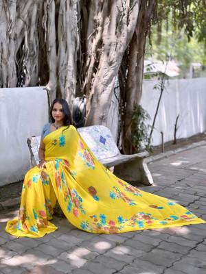 EVERYDAY CREATIONS Printed Bandhani Georgette Saree(Yellow)