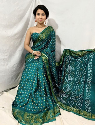 TEN R Printed Bollywood Crepe, Silk Blend Saree(Dark Green, Gold)