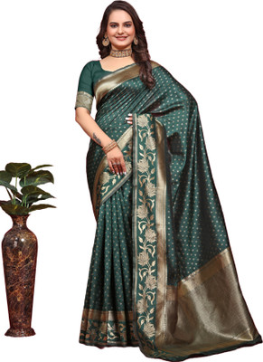 mahakay Woven Kanjivaram Silk Blend Saree(Dark Green)