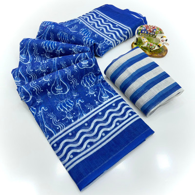 SDGRATITUDE Printed Banarasi Linen, Cotton Linen Saree(Dark Blue)