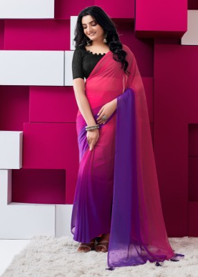 Samah Solid/Plain, Ombre, Embellished Bollywood Georgette, Chiffon Saree(Pink, Purple)