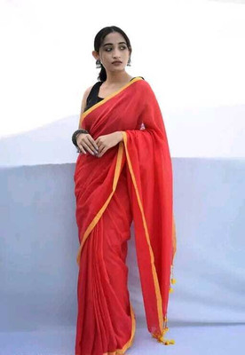 HouseOfCommon Solid/Plain Handloom Cotton Blend Saree(Red)