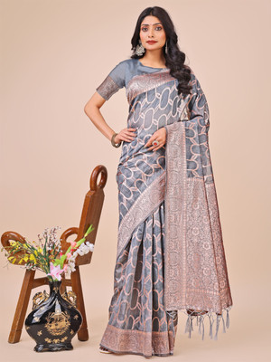 Divastri Self Design Kanjivaram Cotton Linen Saree(Grey)