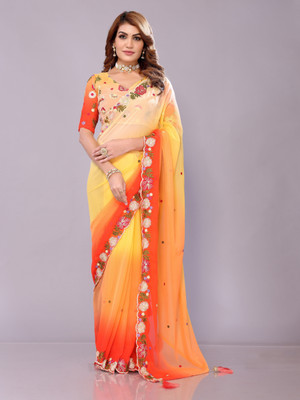 Tasrika Ombre, Embroidered, Embellished Bollywood Georgette Saree(Orange, Multicolor)
