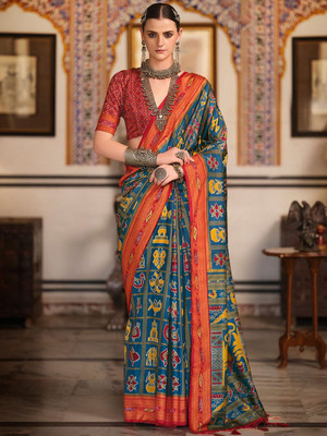 ANOUK Printed Patola Silk Blend Saree(Dark Blue)