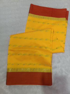 Arzoo kala textiles Solid/Plain Kanjivaram Cotton Silk Saree(Yellow)