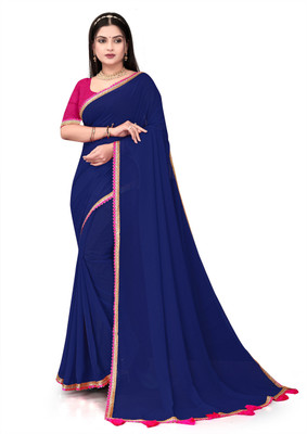 Fashion Day Solid/Plain Bollywood Georgette Saree(Dark Blue)