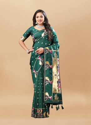 KRIYANSH Printed Paithani Jacquard, Cotton Blend Saree(Green)