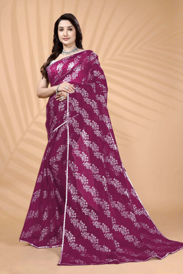 OZONE DESIGNS Floral Print Bollywood Tissue Saree(Purple)