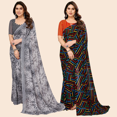 kashvi sarees Self Design, Printed Daily Wear Georgette Saree(Pack of 2, Grey, Multicolor)