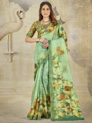 Divastri Printed Banarasi Cotton Silk Saree(Light Green)