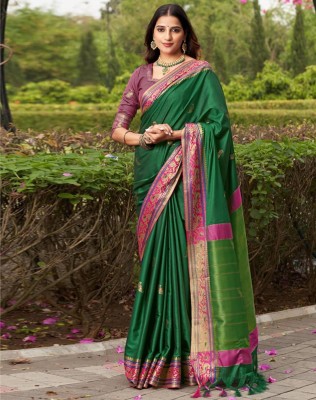 SIRIL Self Design, Woven Banarasi Silk Blend Saree(Green, Magenta)